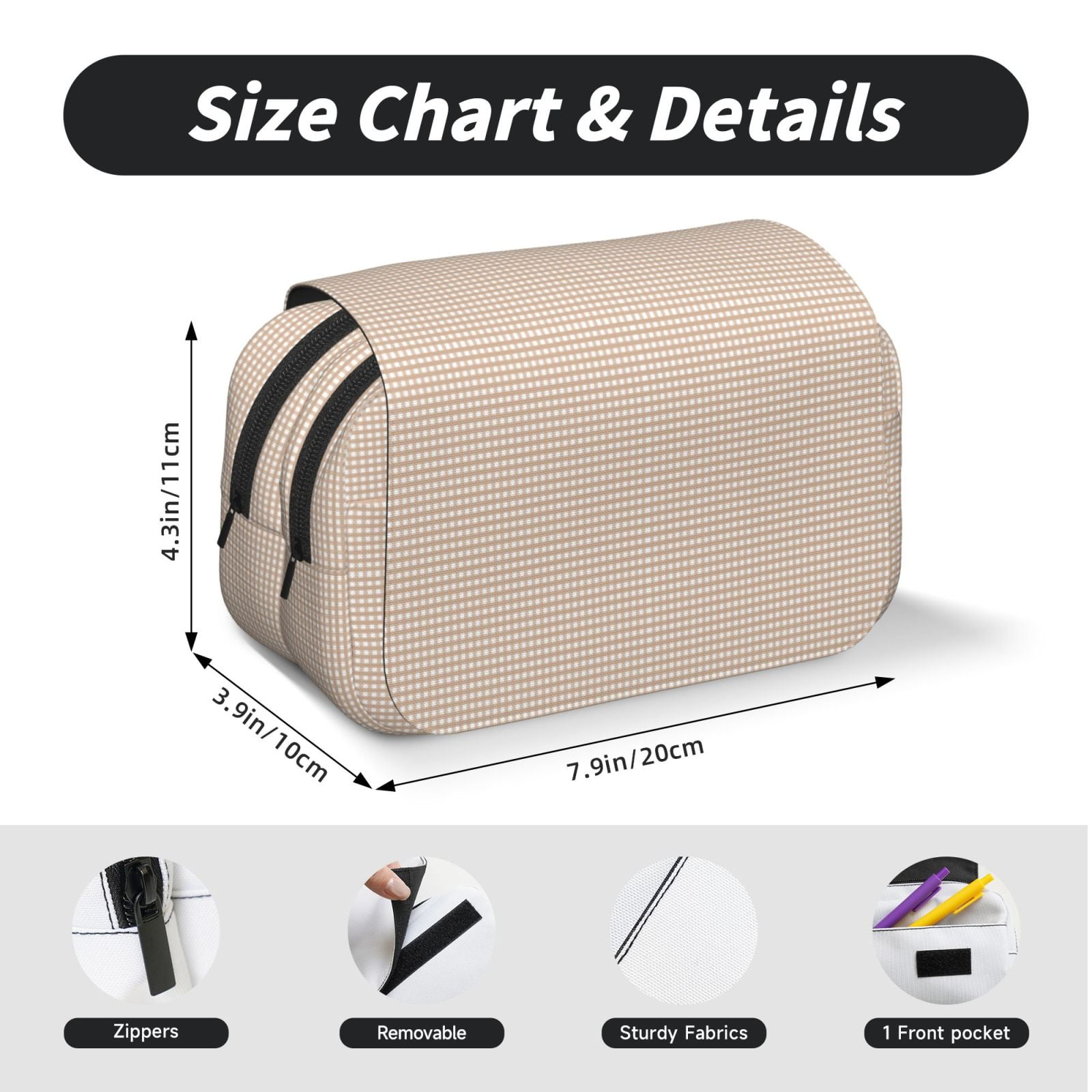 Rateoe Brown Gingham Pattern Double Clamshell Pen Case, Storage Organizer with Two Zipper Compartments– Holds Up to 50 Pencils & Pens
