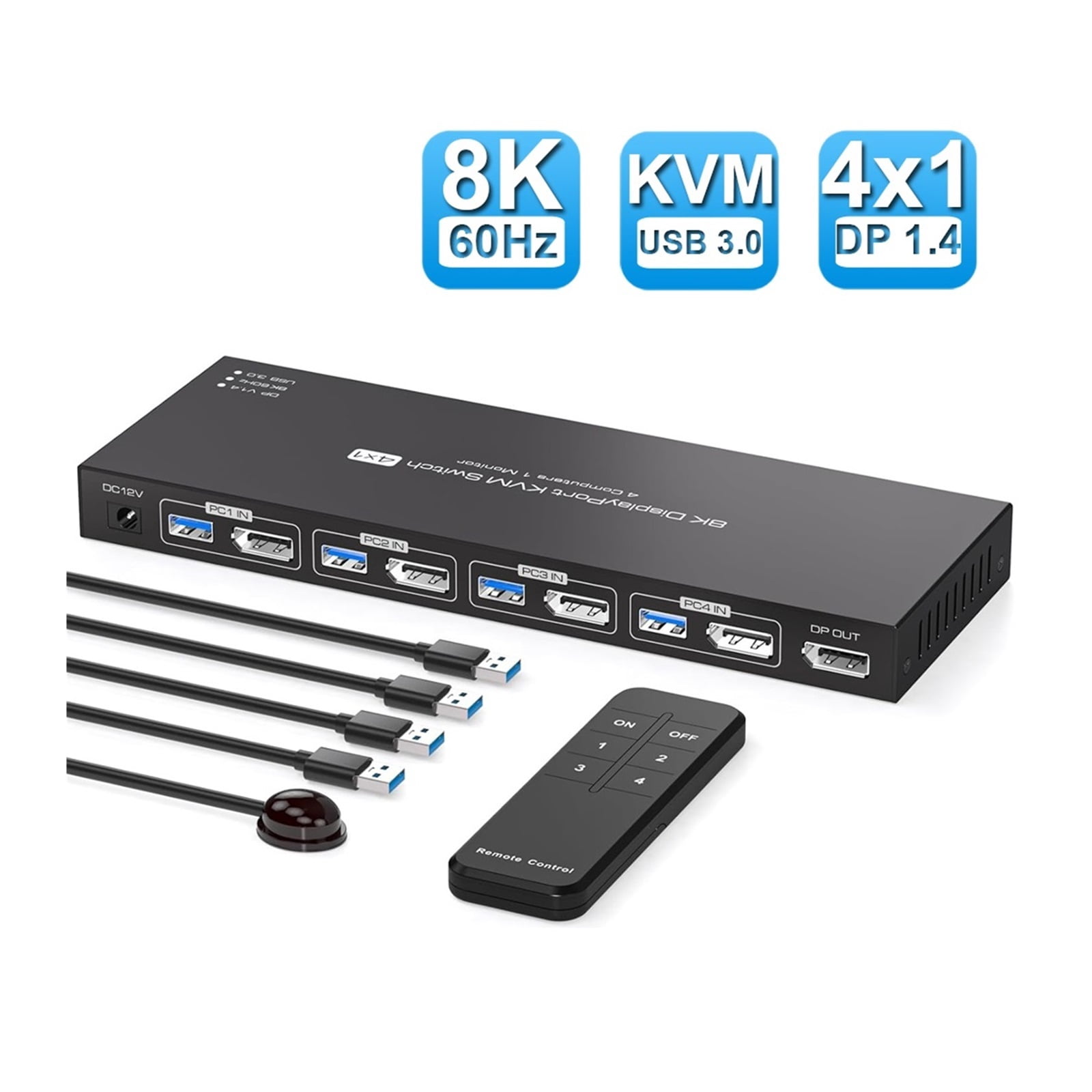 8K Displayport KVM Switch 1 Monitors 4 Computers 4K 144Hz 4x1 DP USB 3.0 KVM Switch