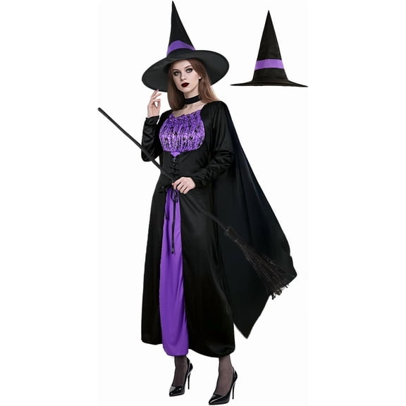 Witch Women Halloween Fancy-Dress Costume with Witches Cape and Wicked Witches Hat