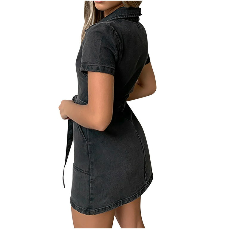 Auroural Black And Friday Deals Clearance Dresses That Hide Tummy Bulge  Women's Summer Fashion Lace Up Waist Short Sleeve Zipper Sexy Pocket Slim