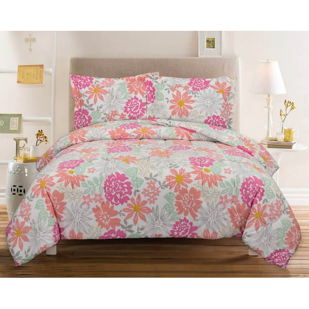 Teal Flowers Comforter Sham Set, Pink And Orange Twin Bedding