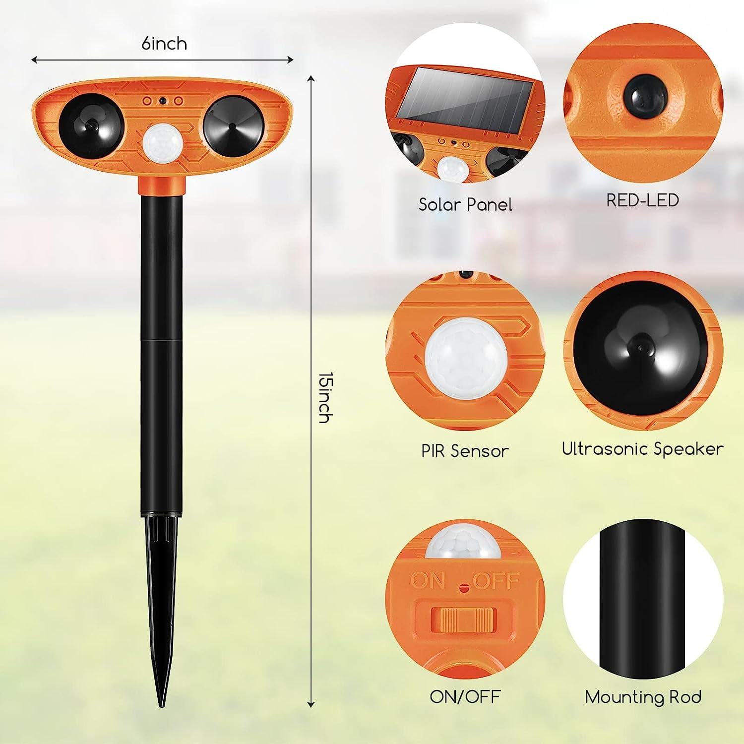 KingFurt 2-Pack Orange Solar Ultrasonic Animal Repeller Repellent for Cat Squirrel Raccoon Deer Mouse Fox
