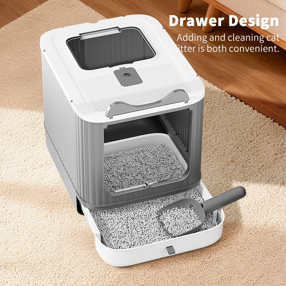 Fully Enclosed Cat Litter Box + Mat, 3-Stage Adjustable Covered Litter Box for Kittens to Adult Cats, Anti-Splash, Odor Control, White