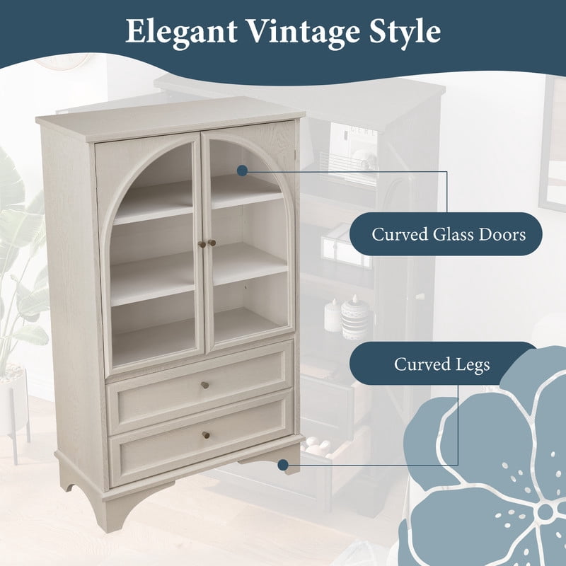 Aisword 52.17"H Arched Glass Door Curio Cabinet with 2 Drawers & Adjustable Shelf, Display Storage Cabinet for Living Room,Bedroom,Office,Vintage White