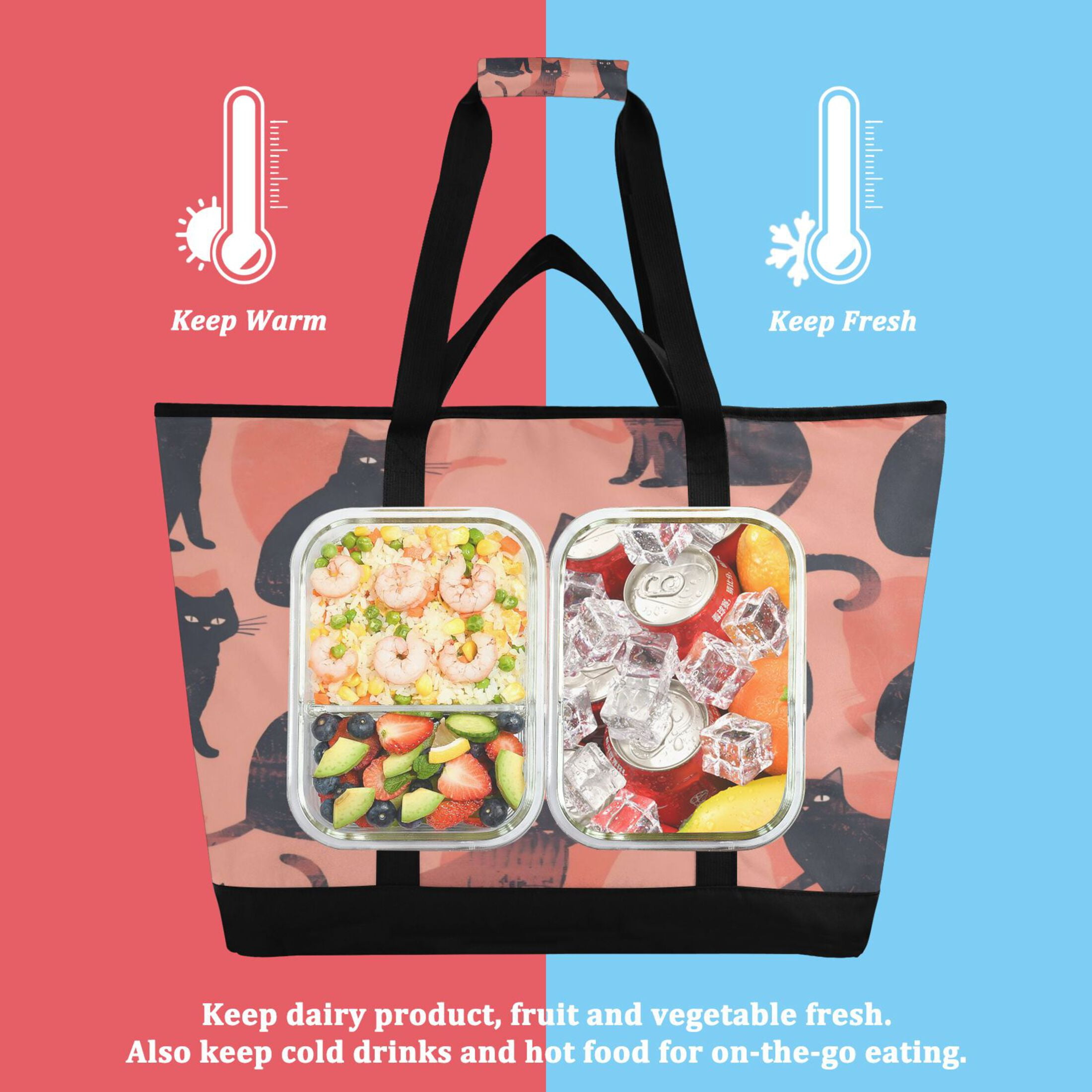 Large Hand-held Ice Pack Picnic Bag Insulation and Refrigeration Suitable for Shopping Picnics and Camping Black Cat