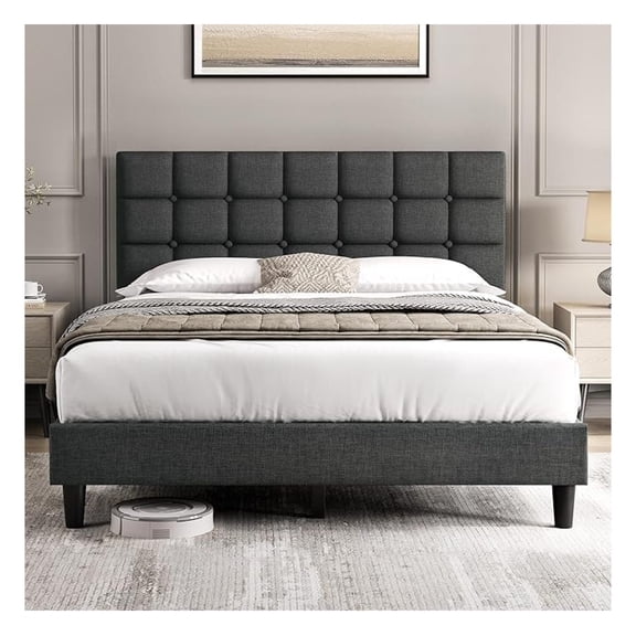 Upholstered Bed Frame, Modern Queen Bed Platform with Square Stitched&Button Tufting Headboard Height Adjustable, Wooden Slats Support, No Box Spring Needed, Queen Size, Dark Grey