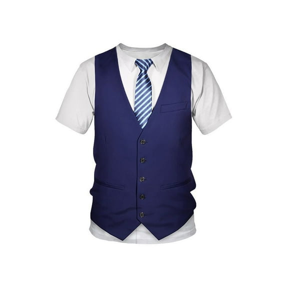 inhzoy Men's 3D Printed Tuxedo Shirt Short Sleeve Fake Suit Vest T-Shirt for Party Cosplay Blue S