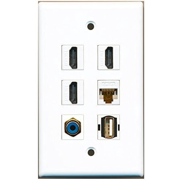 RiteAV - 3 HDMI 1 Port RCA Blue 1 Port USB A-A 1 Port Cat6 Ethernet White Wall Plate
