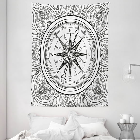 Compass Tapestry, Hand Drawn Windrose in Line Art Style Nautical Illustration Coloring Book Design, Wall Hanging for Bedroom Living Room Dorm Decor, 60W X 80L Inches, Black White, by Ambesonne
