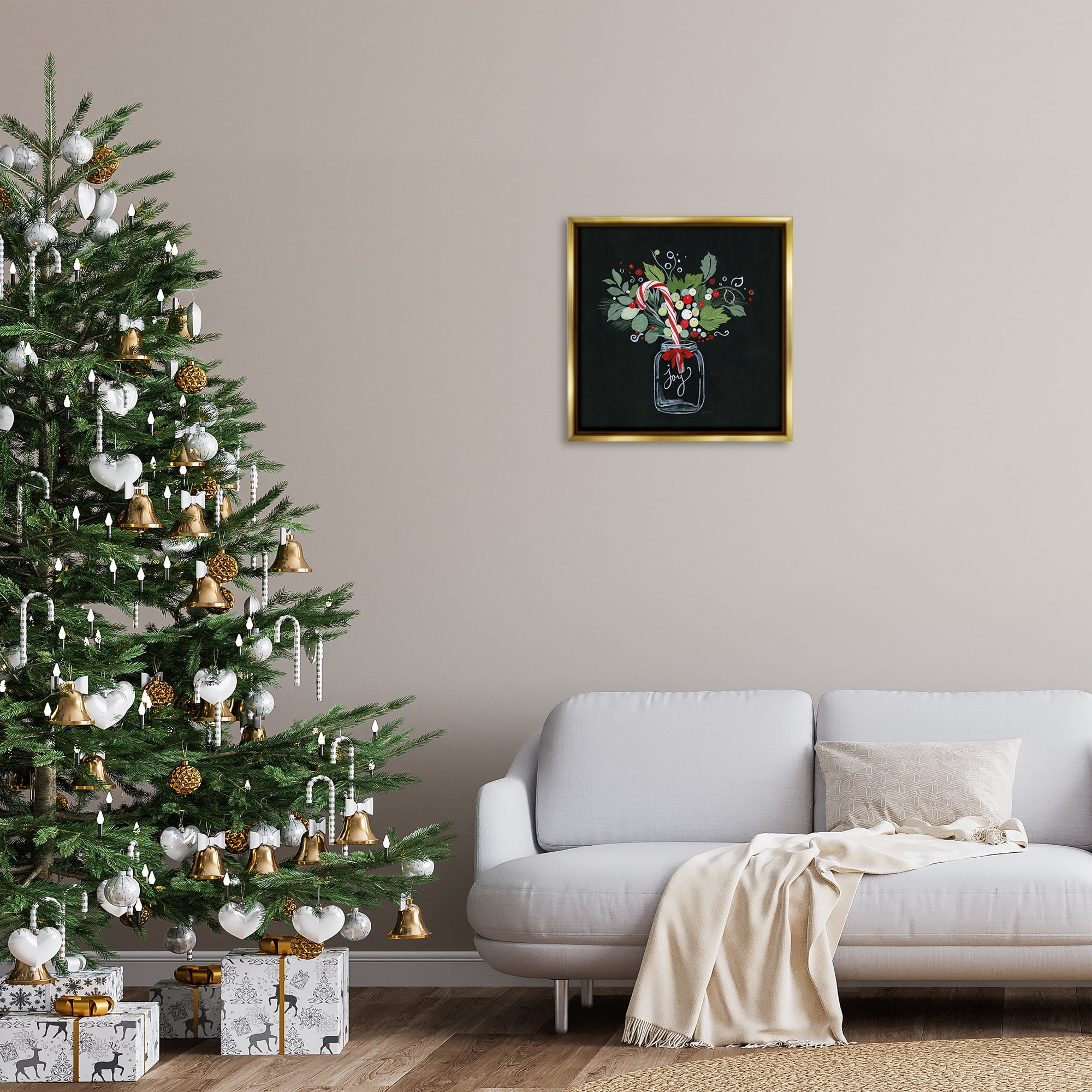 Stupell Industries Joy Candy Cane Jar Holiday Painting Gold Floater Framed Canvas Art Prints Wall Art, 25 x 25