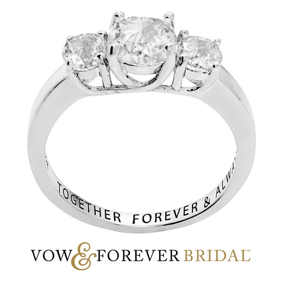 Vow & Forever Personalized Planet Bridal Platinum over Sterling Silver Brilliant White Topaz Three Stone Engraved Wedding Ring ,Women's