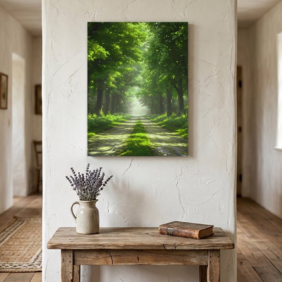 Ships Next Day Canvas Wall Art 16"x24", Green Trees Wood Framed Canvas Print Painting, Forest Art Decor Spring Summer Nature Leaf Ready to Hang Picture Wall Decor for Home Bedroom Living Room Dining