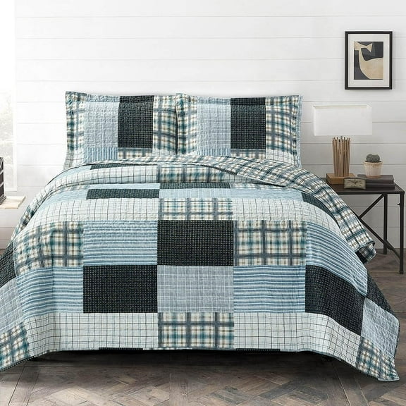 Sheetsnthings Printed Patchwork Zoe, Microfiber, Oversized Twin-Twin XL 2PC Quilt Set, Blue