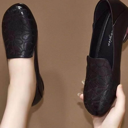 

Female Soft Leather Embroidered Retro Shoes: Round Toe & Thick Heel