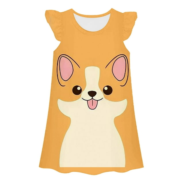 WERYOUNG Robes pour Filles Été Décontracté Confortable Imprimé Animal Dessin Animé Col Rond Manches Volantes Vêtements de Maison Robe Classique pour Tout-Petits, Orange, 8-9 Ans