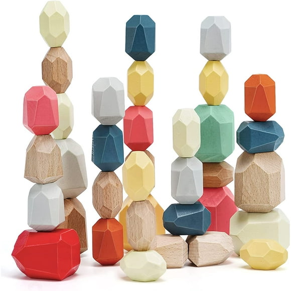 36 Pieces Wooden Building Blocks Toddler Educational Toys Preschool Learning Game Balance Stone Wood Structure Rock Set Gift 3-6 Years Old