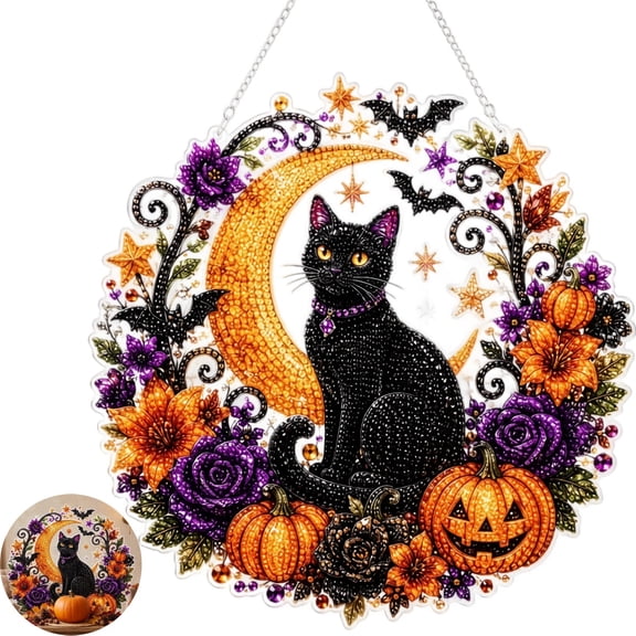 Halloween Black Cat Moon Diamond Art Hanging Ornament Kit, DIY Diamond Painting Kits for Adults, Spooky Cute 3D Diamond Painting Crafts for Fall Home Decor, Wall Art