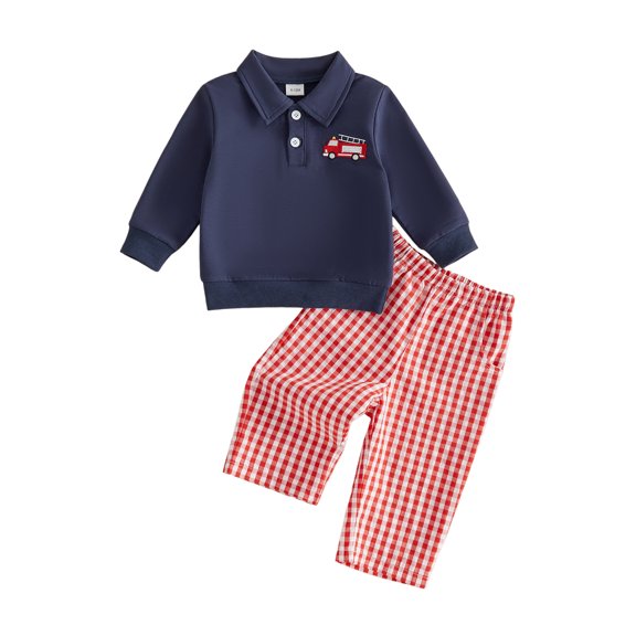 Cjfdfy Toddler Baby Boy Fall Outfit Fire Truck Embroidery Long Sleeve Lapel Button Sweatshirt Plaid Pants Sets Toddler Christmas Cute Fall Winter Clothes 6M-4Y