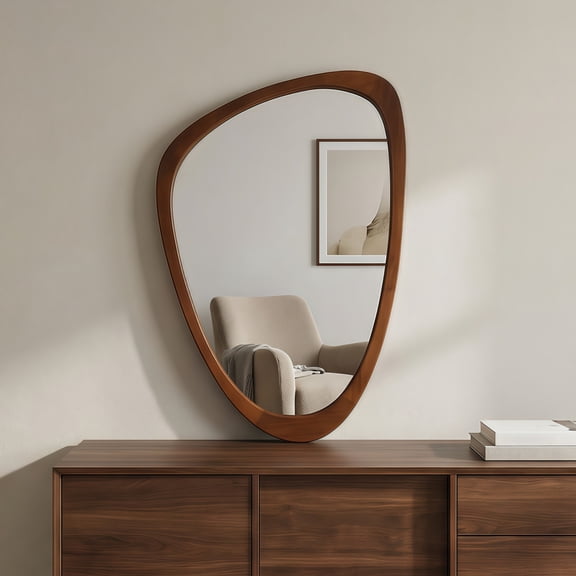 Noble House 24"x36" Irregular Solid Wood Wall Mirror, Modern Asymmetric Decorative Accent Bathroom Mirror, Walnut