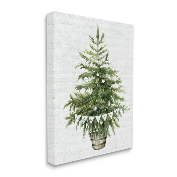 Stupell Industries Holiday Green Fir Tree with Believe Phrase Holiday Painting Gallery Wrapped Canvas Art Print Wall Art, 16 x 20