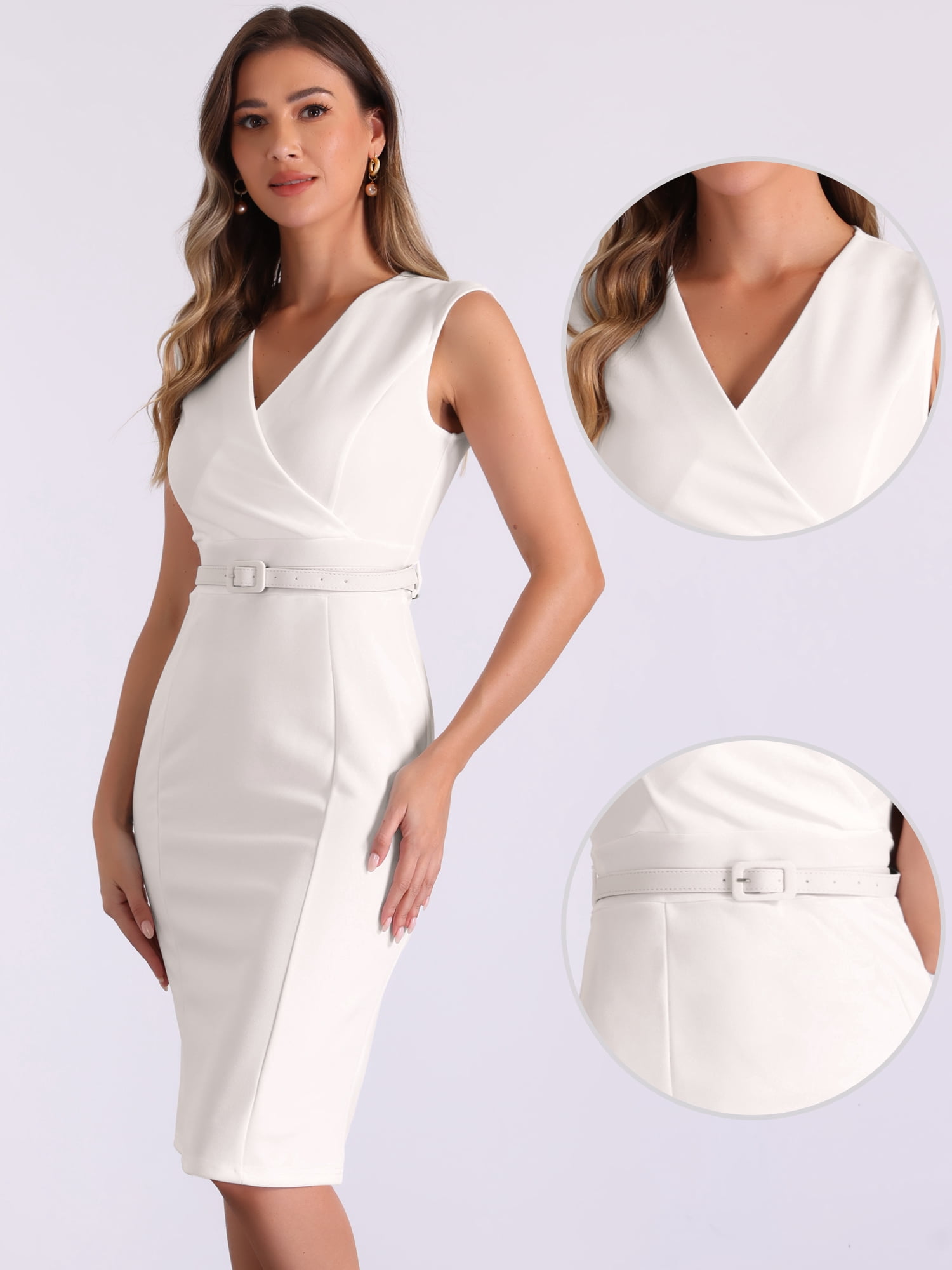 DARING DIVA Pencil Sleeveless Wrap V Neck Belted Office Dresses XS White