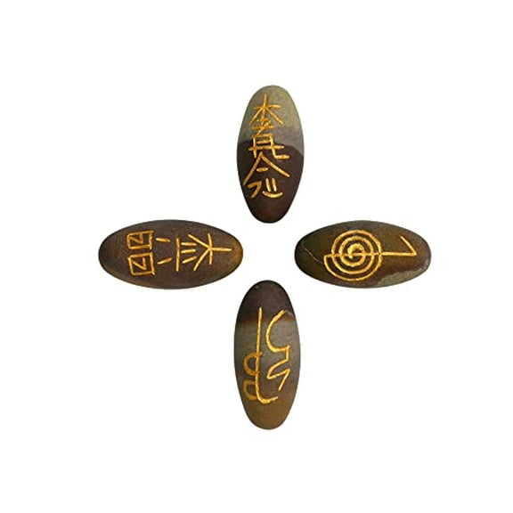 Narmada Shiva Lingam Crystal Reiki Stones with Engraved Symbols for Usui Reiki Healing, Set of 4 Pcs