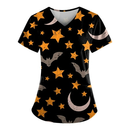 

TQWQT Halloween Scrub Uniforms Women Short Sleeve V Neck Cartoon Ghost Pattern Tops Nursing Working Uniform Short Sleeve T-Shirts Black XL