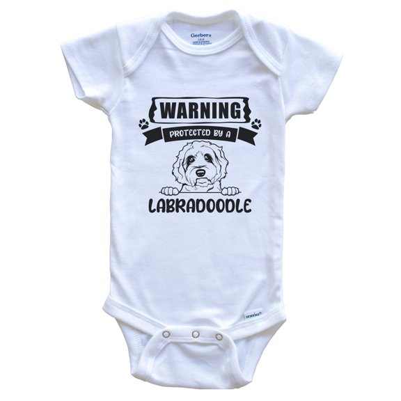 Warning Protected by a Labradoodle Funny Cute Dog Breed Baby Bodysuit, 0-3 months white