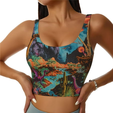 Adobk Galactic Jungle Dinosaurs Print Sports Bras for Women Longline Workout Crop Tank Tops Padded with Built in Shelf Padded Sports Bra-XX-Large