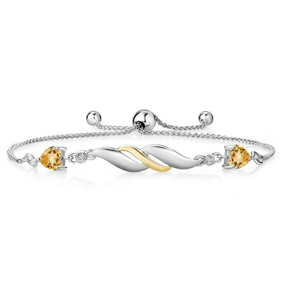 Gem Stone King 0.94 Ct Heart Shape Yellow Citrine and Lab Grown Diamond 925 Silver and 10K Yellow Gold Bracelet for Women
