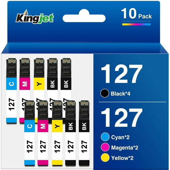 Kingjet Ink Compatible with Epson 127 Ink Cartridge for Printers WF-3520 WF-845 NX530 625 WF-3530 WF-3540 WF-7010 WF-7510 WF-7520 545 645 Printer (Black Cyan Magenta Yellow, 10-Combo Pack)
