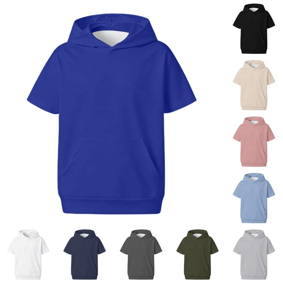 Kids Short Sleeve Hoodie Sweatshirt Solid Color Fleece With Pocket For Boys Girls