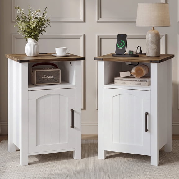 Easoger Set of 2 Farmhouse Nightstand with Charging Station, Modern End Tables with Drawer & Cabinet, USB & Type-C Ports, Wood Rustic Bedside Table for Bedroom, White Walnut