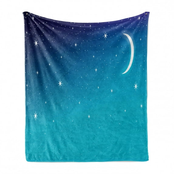 Night Sky Soft Flannel Fleece Throw Blanket, Starry Crescent Moon Nebula Galaxy Astronomy Cosmos Sleep Well Theme, Cozy Plush for Indoor and Outdoor Use, 60" x 80", Royal Blue and White, by Ambesonne