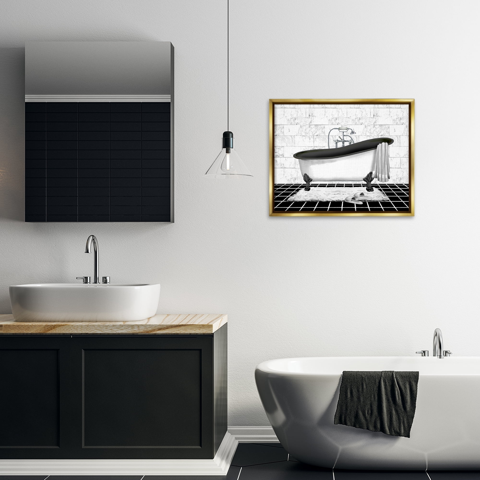 Stupell Industries Marble Pattern Bath Typography Painting Gold Floater Framed Canvas Art Print Wall Art, 31 x 25