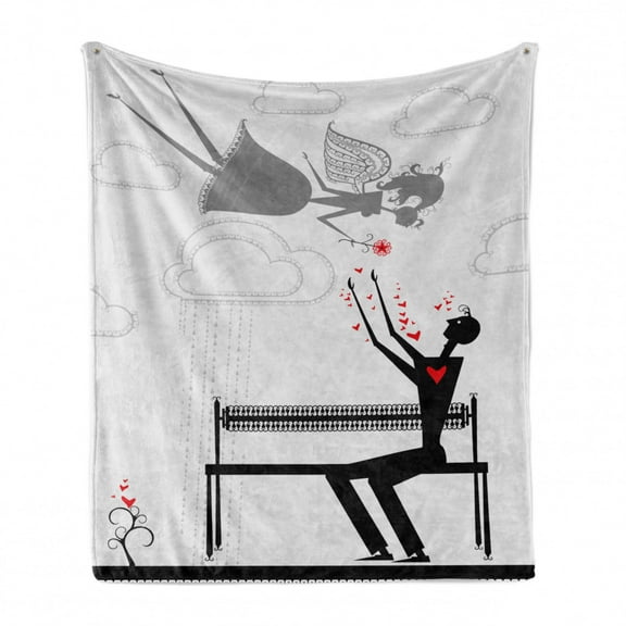 Valentines Soft Flannel Fleece Throw Blanket, Loving Couple Man in Love Angel Woman Illustration, Cozy Plush for Indoor and Outdoor Use, 60" x 80", Taupe Grey Multicolor, by Ambesonne