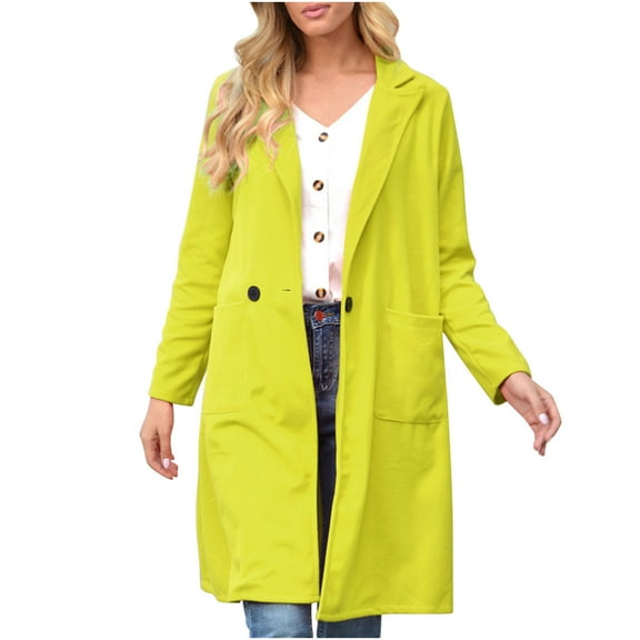 Odeerbi Jackets for Women Outerwear Coats Spring And Autumn Lapel Wool Solid Color 2025 Long Sleeve Wool Long Pocket Jacket Yellow