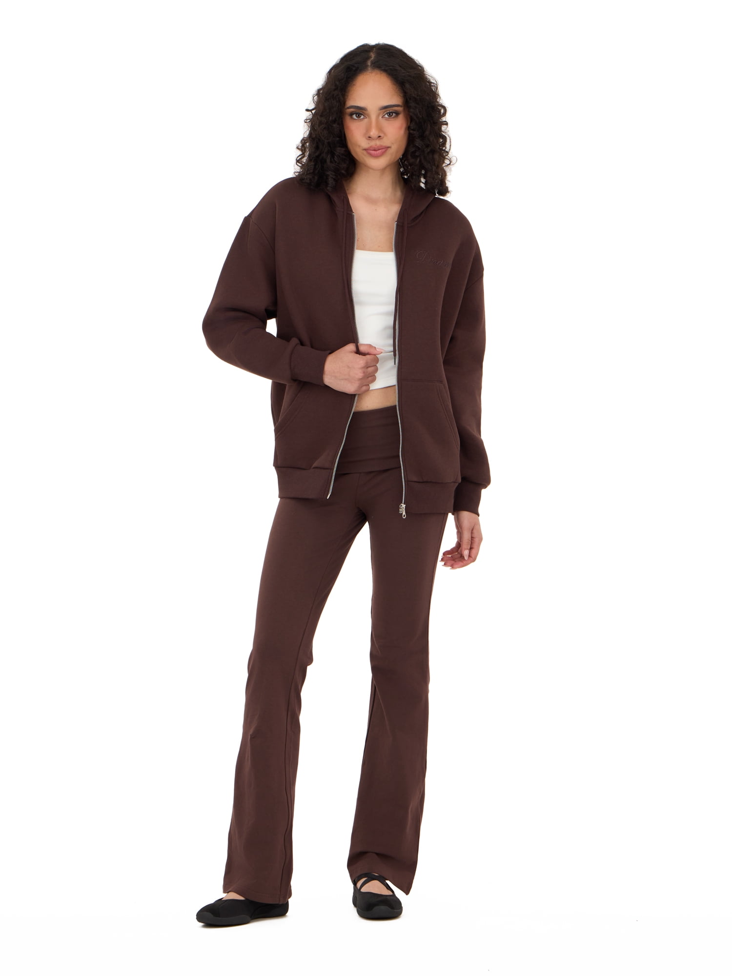 Forever 21 Women's Fleece Zip Up Hoodie with Front and Back Graphic Detail, Relaxed Fit Sweatshirt Jacket, Casual Everyday Layering Style, Brown, XXS-4X