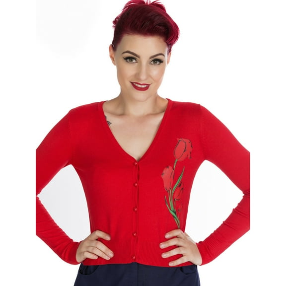 Red Rose Print Crew Neck Button Cardigan Sweater - S to XL 