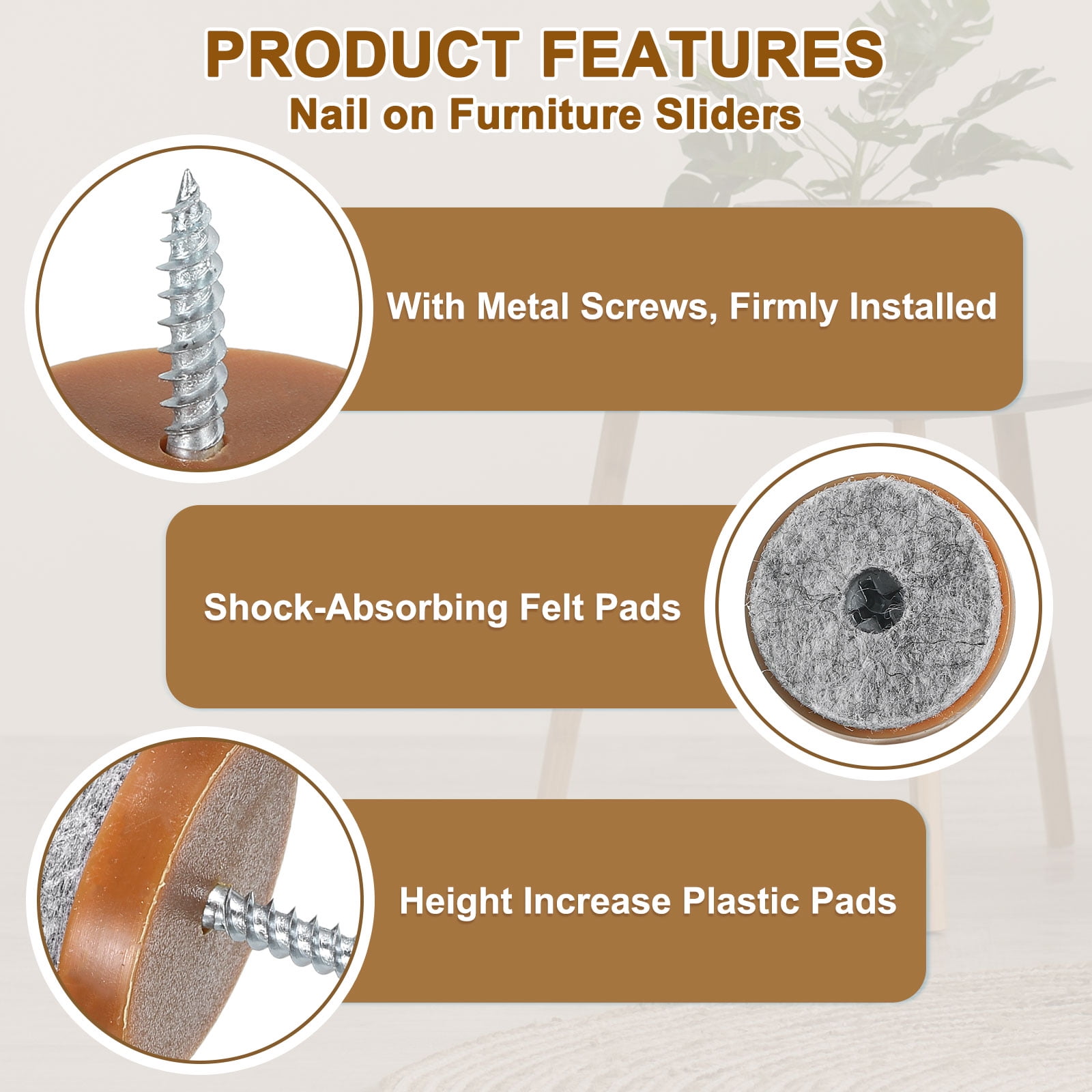 Nail-on Furniture Sliders, 50Pack Nail-on Felt Pad Round Chair Table Feet Pads Chair Leg Floor Protectors for Hardwood Floors (Brown, 28mm/1.1")