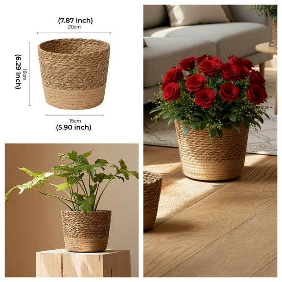 Straw Weaving Flower Pot Cover with Waterproof Inner Layer Wicker Storage Basket Rattan Garden Plant Pot Containers Seagrass Planter for Indoor Outdoor,Large