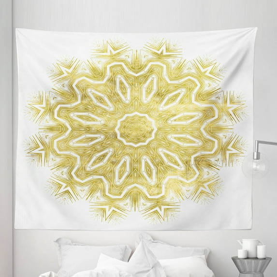 Mandala Tapestry, Vibrant Oriental Motif in Modern Design Geometric Eastern Moroccan Royal, Fabric Wall Hanging Decor for Bedroom Living Room Dorm, 5 Sizes, Pale Yellow and White, by Ambesonne