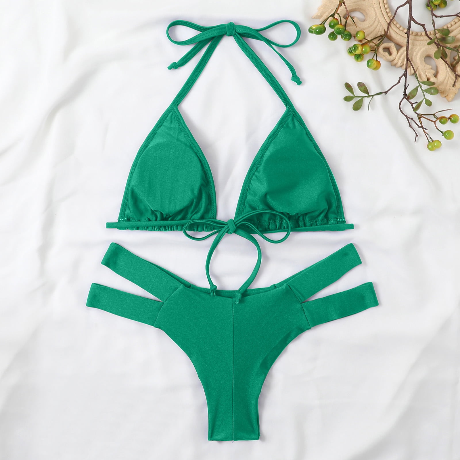 Bigersell Halter Cutout Bikini Set for Women Sexy Cut Out Thong Bathing  Suits with Padded Two Piece Swimsuits Back Hook Backless Spaghetti Strap  Bikinis Swimwear, Style 6666, Model #13332, Green S 