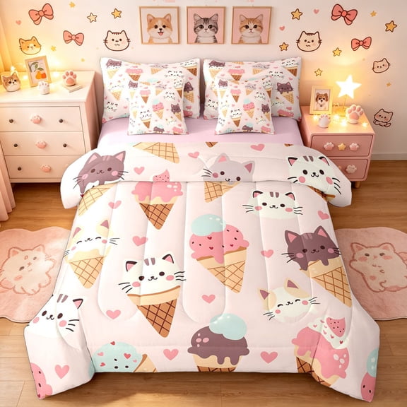 Manfei Ice Cream Cat Twin Bedding, Cartoon Love Heart Bedding Comforter Set, Pink, Pink Reversible, 7pcs