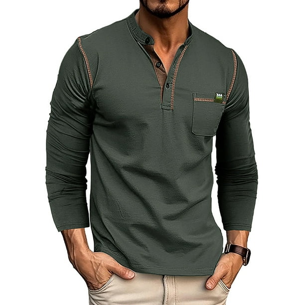 MAWCLOS Men's Henley Shirts Long Sleeve T-shirt Crew Neck Tops Regular Fit  Sport Contrast Color Pullover Dark Gray M