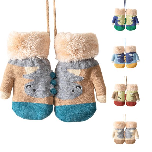 Daznico Kids Winter Knitted Mittens, Lined Warm Toddler Hand Gloves with Anti-Lost String, Cartoon Pattern Cold Weather Baby Outdoor Accessories