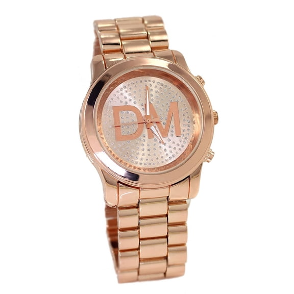 Mens Rose Gold Tone CZ Clubbing DM watch 45mm 13mm thick case. Bing dial, 24mm wide rose tone metal mash strap fits 8 inches wrist.