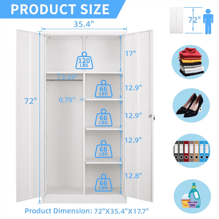 Steel Wardrobe 72 H x 17.7D x 35.4W Combination Storage Cabinet with  Clothes Rod and 4 Shelves 2 Lockable Doors