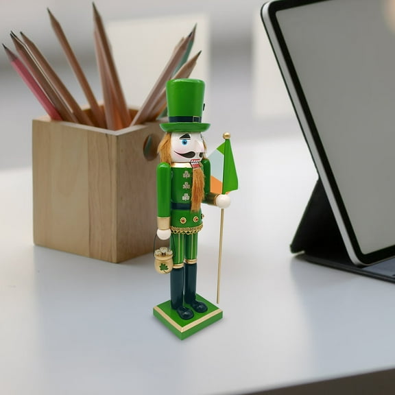 OULII St. Patrick's Day Nutcracker Wooden Irish Nutcracker Figure Shamrock Traditional Nutcracker Hand-Painted Soldier Figurine