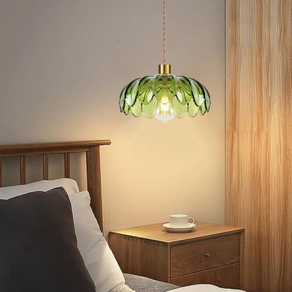 Plug in Pendant Light Hanging Lights with Plug in Cord Boho Hanging Lamp Glass Gold Mid Century Modern Vintage Dimmable Green Flower Plug in Chandelier Ceiling Fixture for Living Room,Kitchen